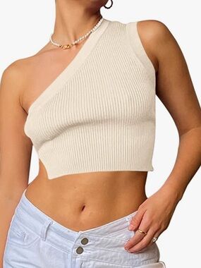 Amazon One-Shoulder Ribbed Cropped Tank Top in Cream